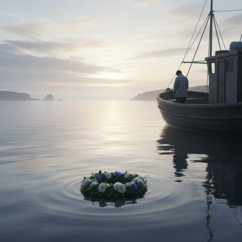 Ruhige Nordsee am Morgen mit Blumenkranz und Trauergast am Schiff